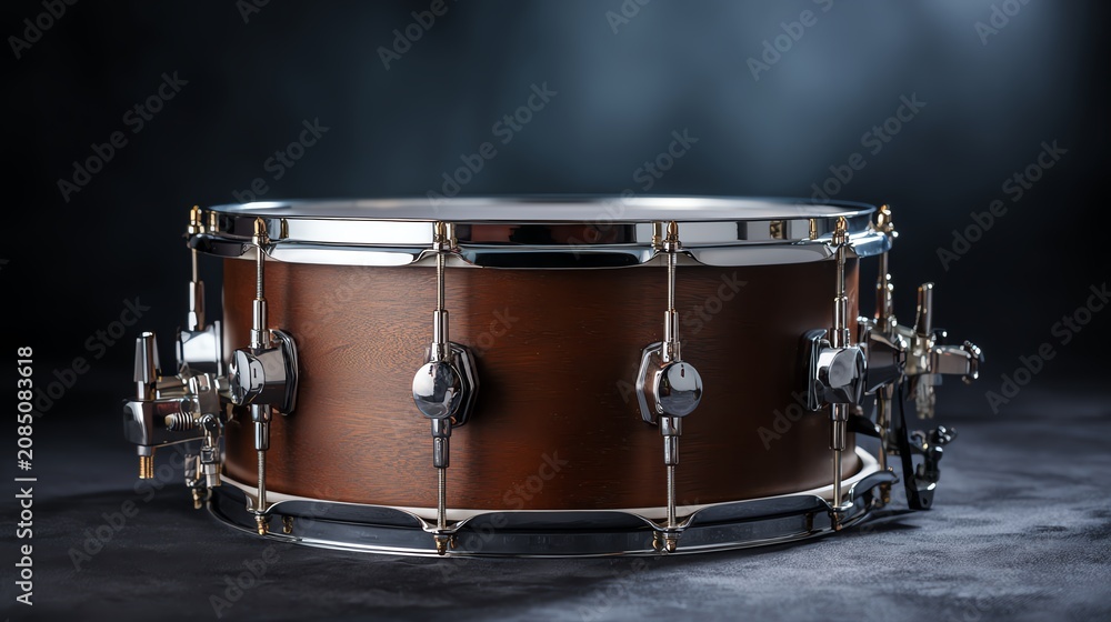 Obraz premium Close-up of a wooden snare drum in studio light.