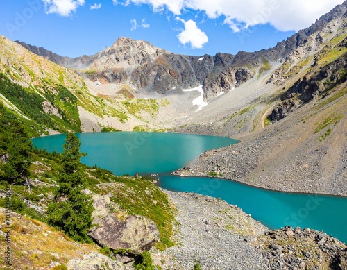 Mountain Lake Shavlinskoye in Altai in summer, view from a drone