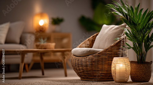 Warm modern living room interior with wicker armchair and decorative house plant, interior