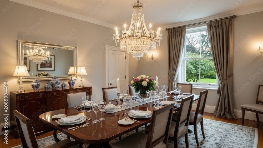 Fototapeta premium Elegant dining room with chandelier, table set, natural light, and classic decor