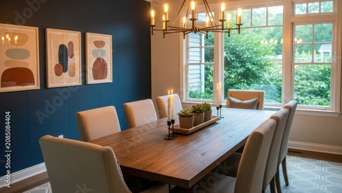 Modern dining room table, chairs, art, large window, blue accent wall, chandelier