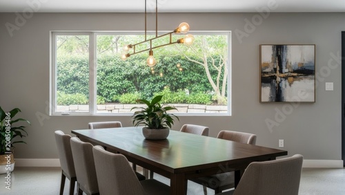 Bright dining room table, chairs, light fixture, plant, art, window, view