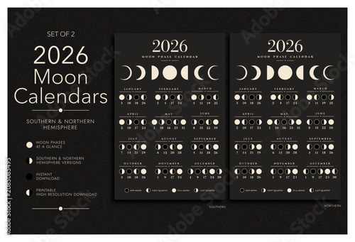 Obraz na plátně 2026 Moon Phase Calendar Set for Northern and Southern Hemisphere