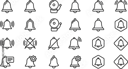 Photos Notification Bell Line Icon Set with Mute Symbols, Ringing Alerts, Alarm Buzzers