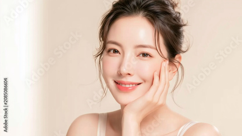 Beautiful young East Asian woman with glowing clear healthy skin smiling gently while touching her flawless face for skincare beauty wellness cosmetics and dermatology concept