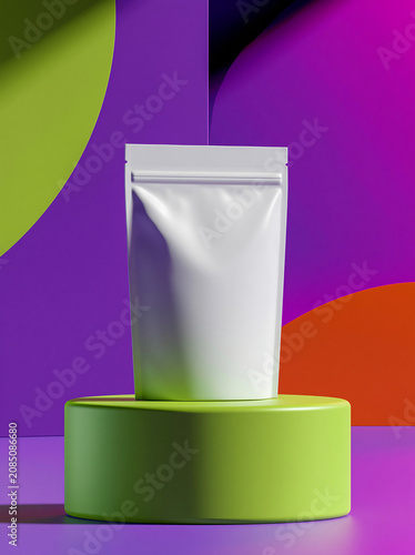Blank white mylar pouch bag packaging mockup standing upright on green cylinder pedestal podium with colorful abstract background and tropical palm leaves