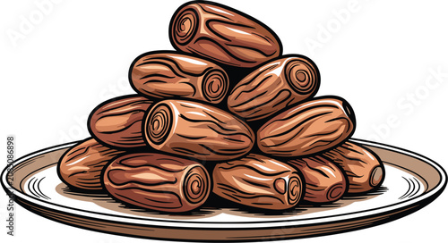 Quadro su tela Pyramid stack of dry dates fruit piled on a ceramic plate vector illustration fo