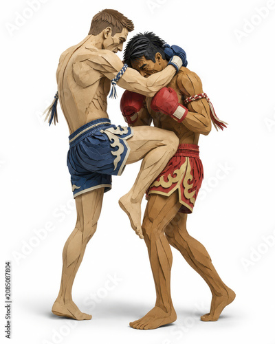 Muay thai boxer fight clinch knee strike Muay thai boxer fight clinch knee strike training action illustration with two male athlete wearing boxing glove and short isolated on white background