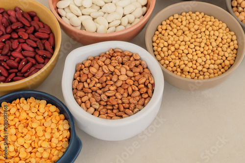 Variety of protein products for vegetarians. Types of beans, soy and peas in bowls. Nutrition balance. Place for text. Top view.