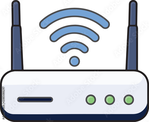 Flat Vector Illustration of a Wireless Wi-Fi Router with Signal Waves for Home Network and Internet Connectivity