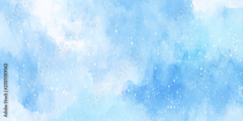 Watercolor background with soft blue clouds and white specks, Abstract sky texture for design and decoration