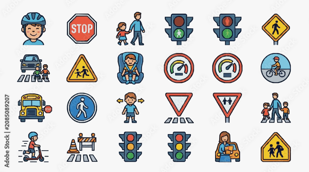 Fototapeta premium Street Safety Icons with Child Characters.