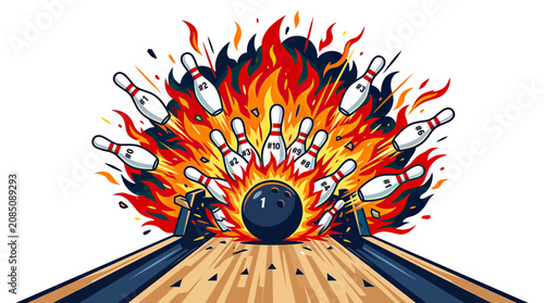 Fotografie Bowling ball crashing into pins with a fiery explosion on the lane