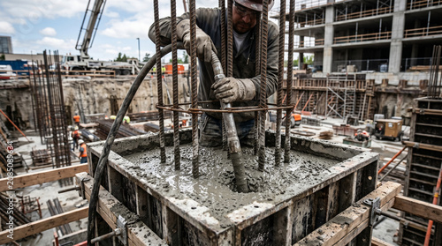 Man pouring concrete on construction site with steel rods