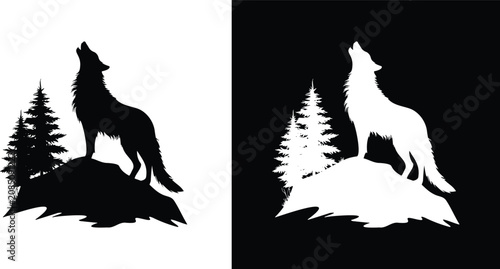 Quadro su tela Wolf howling on rock with pine trees, black silhouette forest mountain wilderness scene