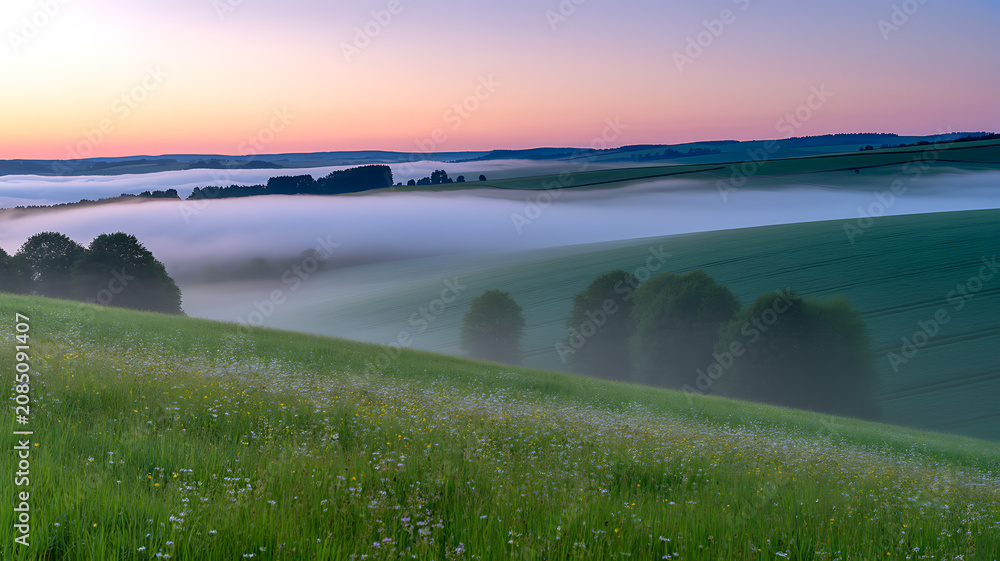 Obraz premium Rolling hills with fog at sunrise, green landscape with trees and grassy fields nature