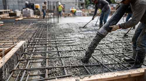 Construction workers pouring concrete on rebar grid