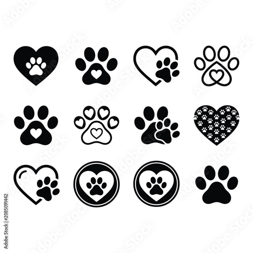 Set of paw print and heart icons, vector illustration of animal footprints