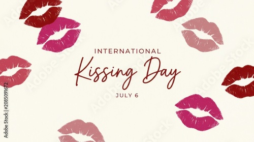 International kissing day greeting card with red and pink lipstick kiss marks on a light background