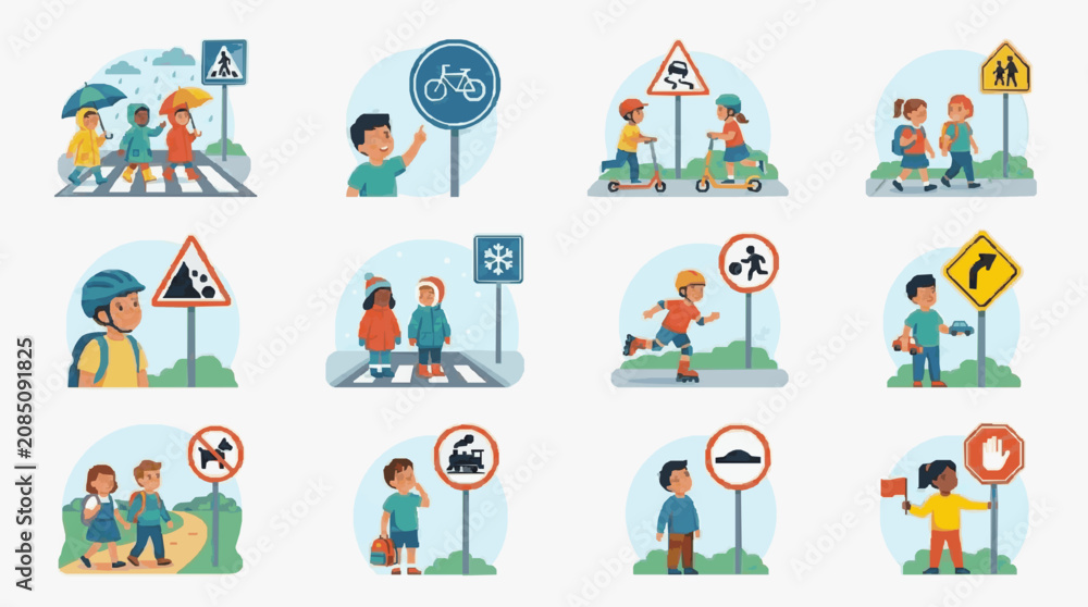 Naklejka premium Street Safety Traffic Signs and Pedestrian Scenes.