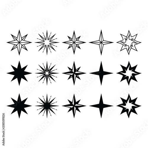Set of star icons, sparkles, and glitters