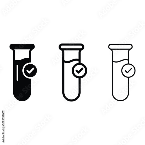 Set of test tube icons with check mark, laboratory analysis concept