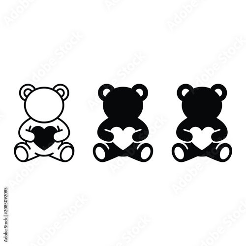 Set of three teddy bear icons holding a heart, vector illustration
