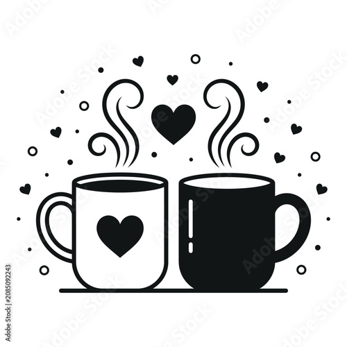 Two coffee mugs with hearts and steam, romantic couple concept illustration