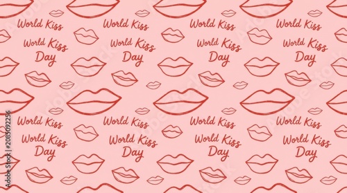 Seamless pattern with handdrawn lips and world kiss day text on a soft pink background