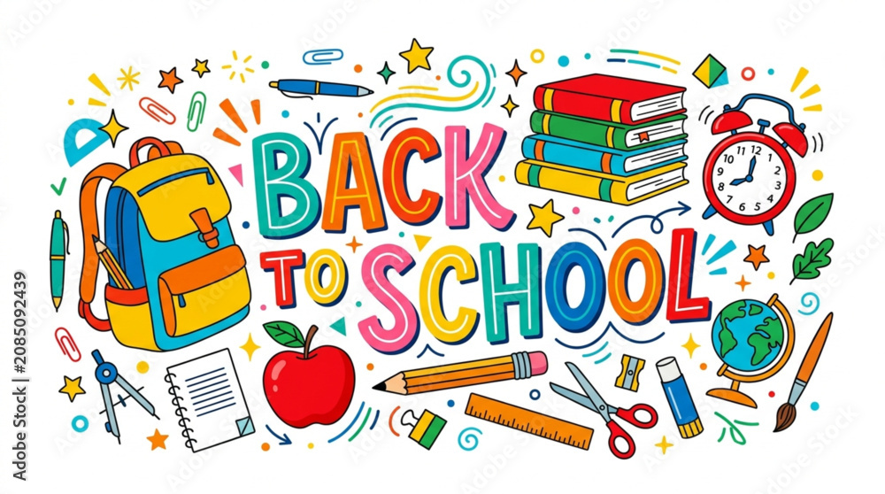 Naklejka premium Back to School Vector Illustration with Colorful Doodle Supplies