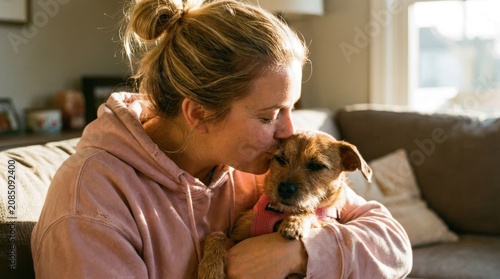 A woman gently kissing her small, scruffy terrier dog while holding it in her arms at home in warm, natural sunlight