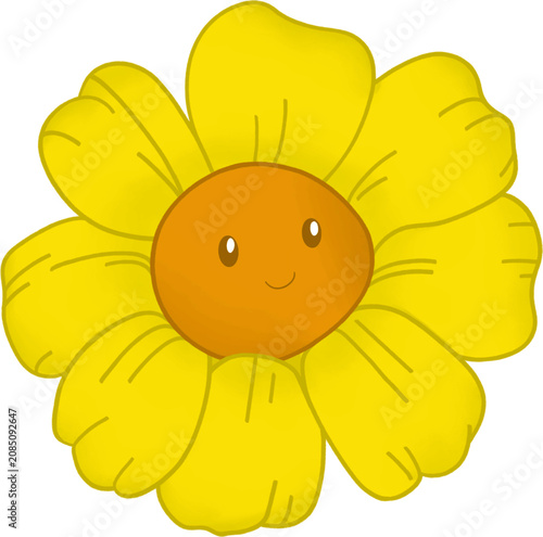 Cartoon Cute Yellow Flower with Smiling Face Isolated