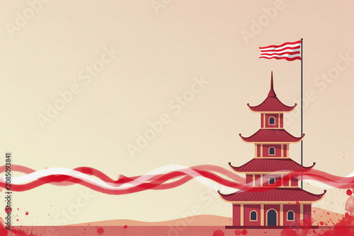 Traditional indonesian temple architecture illustration with waving flag for independence day indonesia independence architecture traditional building patriotic