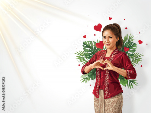 Young indonesian woman wearing traditional kebaya making a heart hand gesture for national pride and love with indonesian tradition patriotism national heritage