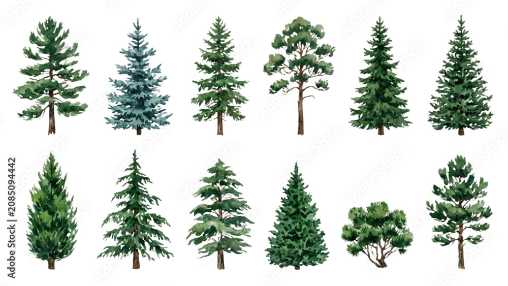 Fototapeta premium Architectural Evergreen Conifer Tree Watercolor Collection for Landscape Design Vector Set
