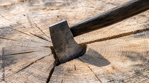 precisely. Axe blade embedded in center of round log, close-up impact point, outdoor light, wood grain detail. safety posters.