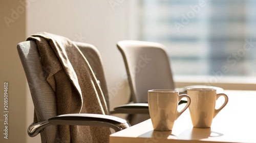 identical. Two modern office chairs side-by-side, one with a jacket and coffee mugs. pitch deck slides, case study pages, designed for enterprise HRIS and productivity software interfaces.