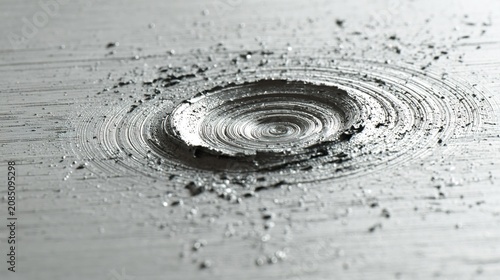 abrasion. Close-up of a painted metal surface with a spiral scratch revealing the metallic layer beneath. safety posters.