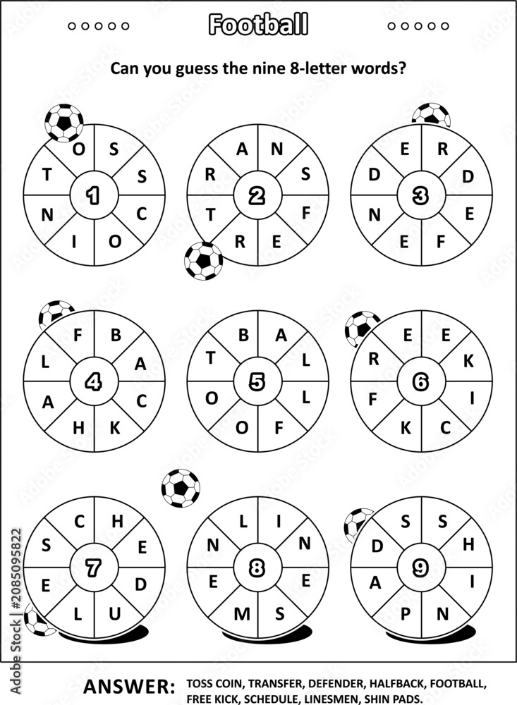 Fototapeta premium Football word puzzle (English language) with themed words written around: Can you guess the nine 8-letter words? Black and white. Answer included. 