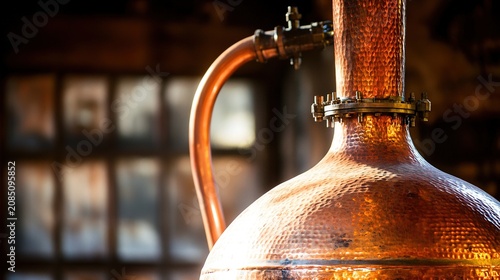 armagnac. Copper pot still gleaming in soft sunlight in a rustic workshop. safety posters, maintenance manuals, designed for precision metalworking and fabrication facilities.