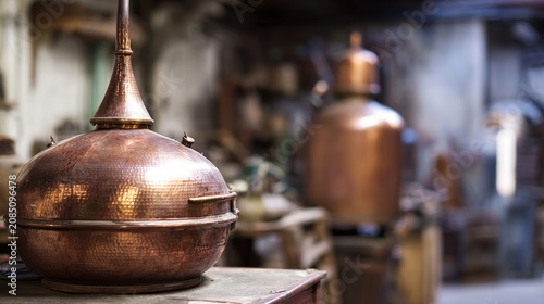 armagnac. Copper pot still gleaming in soft sunlight in a rustic workshop. safety posters, maintenance manuals, designed for precision metalworking and fabrication facilities.