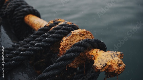 jeopardizing. Thick wet ropes and barnacled anchor pulled from dark water, droplets flying. safety posters, maintenance manuals, designed for industrial assembly lines and welding operations.