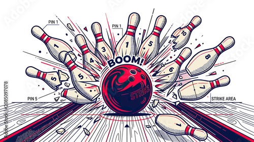 Red bowling ball smashing pins for an explosive strike