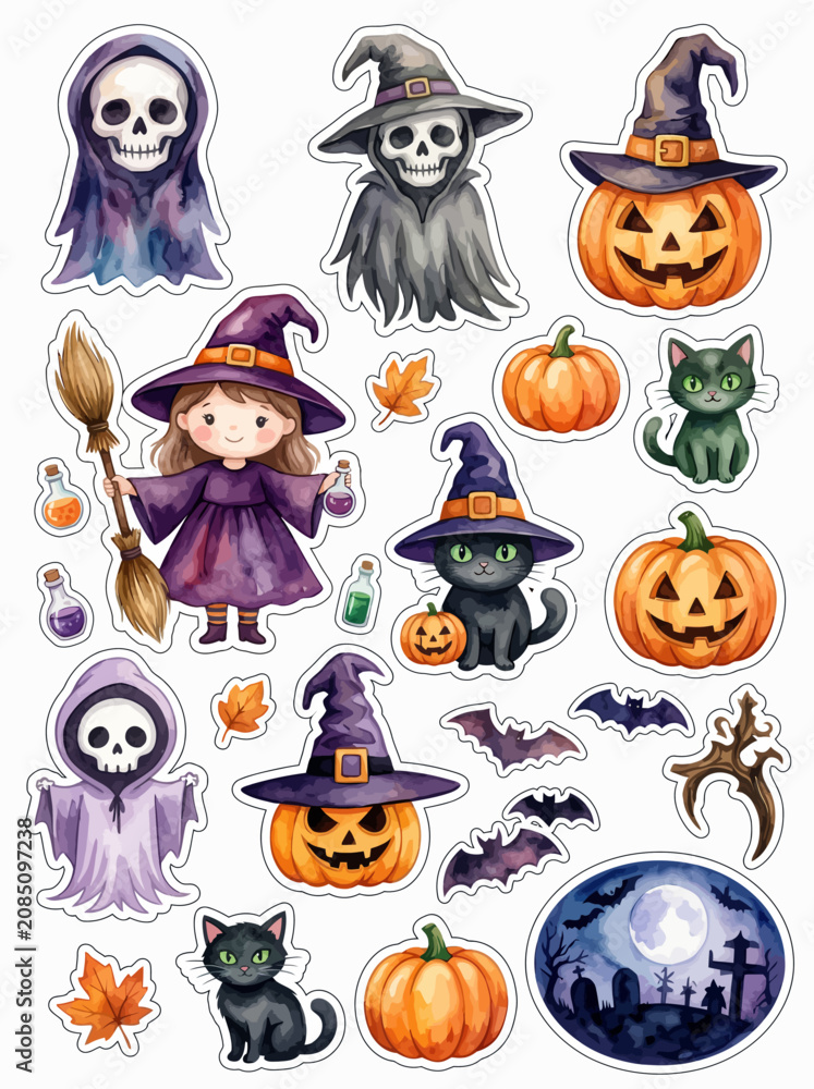 Fototapeta premium cute Halloween sticker pack, colorful flat vector illustration, collection of adorable Halloween characters including smiling jack-o'-lantern pumpkins, cute ghost, grim reaper, little witch girl, blac