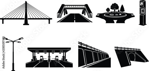 Foto Highway infrastructure and road traffic elements black silhouette vector icons s