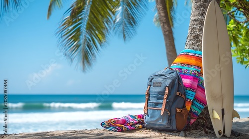Relaxing beach scene with surfboard and backpack.