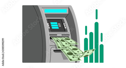 Cuadro en lienzo Atm machine dispensing cash banknotes with growth bar chart