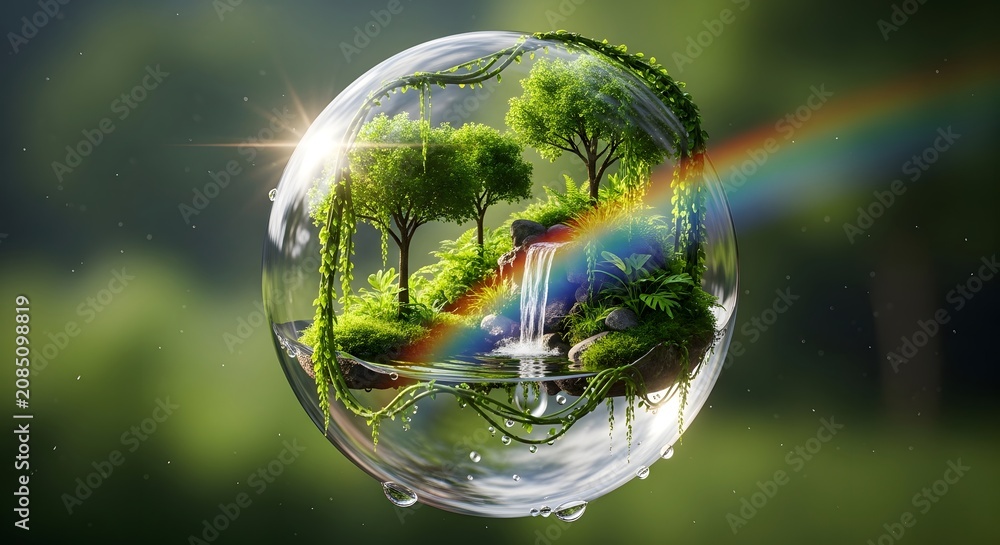 Naklejka premium Lush miniature ecosystem within a sparkling glass sphere, featuring a waterfall and rainbow, symbolizing environmental purity and a sustainable future for our planet