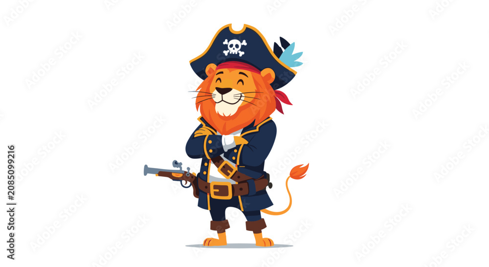 Obraz premium Brave lion character dressed in a full pirate costume with a captain's hat, coat, and belt holding a flintlock pistol.