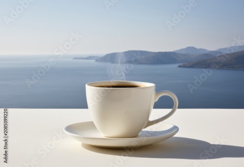Close-up of a coffee cup in front of a sea view
